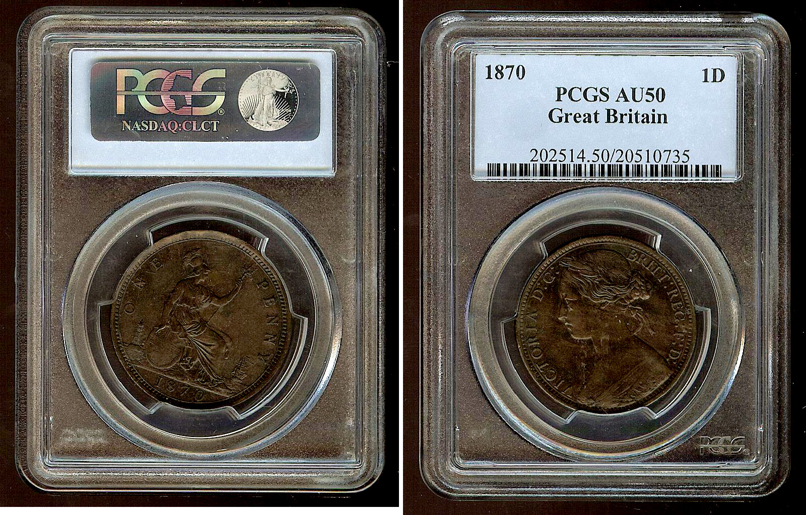 English penny 1870 PCGS  AU50